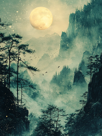 春夜山景月鸟图