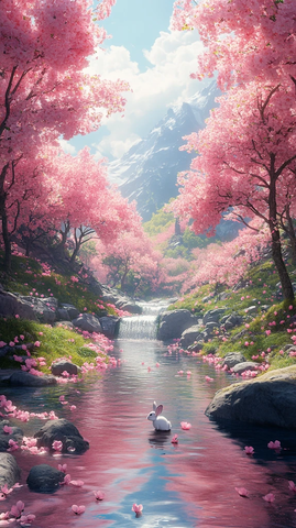 粉色树木小溪兔子