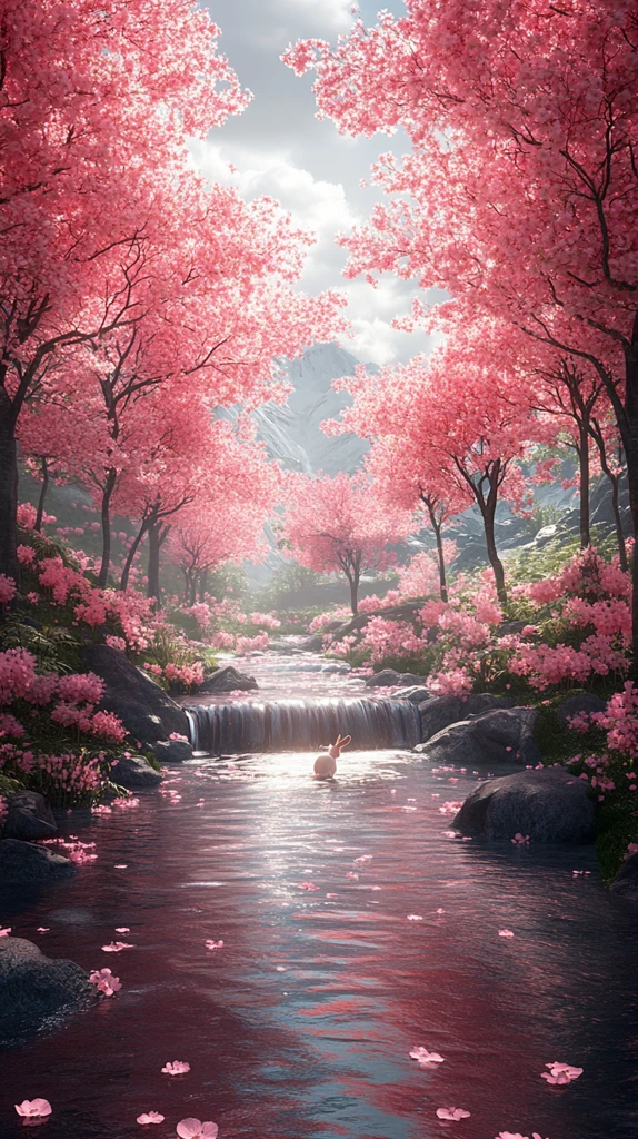 粉色树木小溪兔子