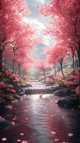 粉色树木小溪兔子