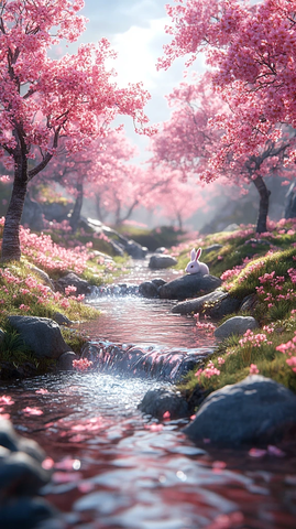 粉色树木小溪兔子