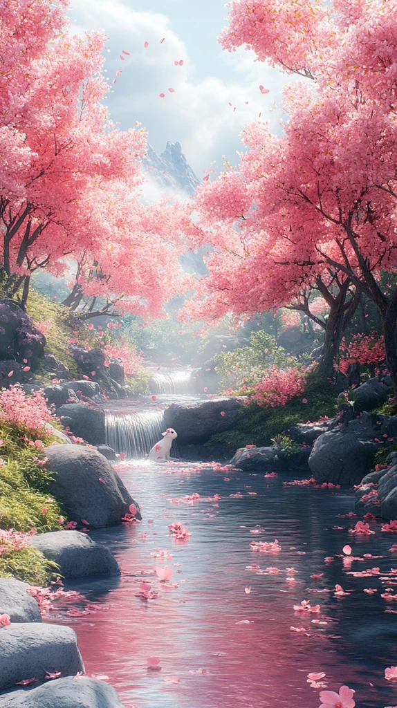 粉色树木小溪兔子