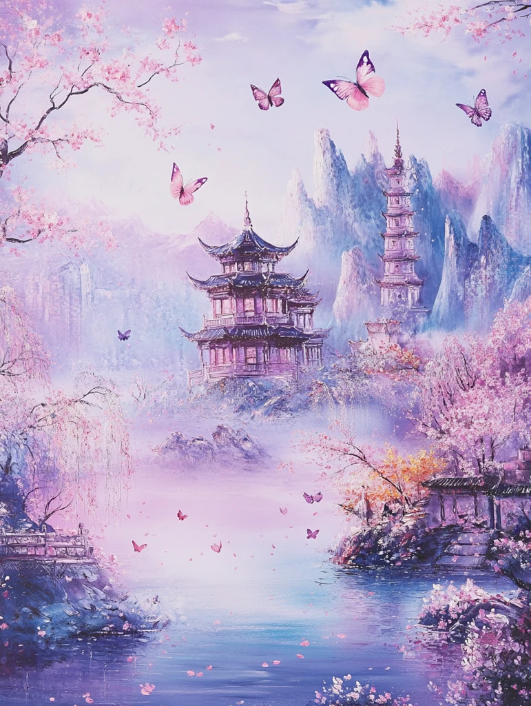 紫霞桃李山水画