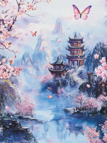 紫霞桃李山水画