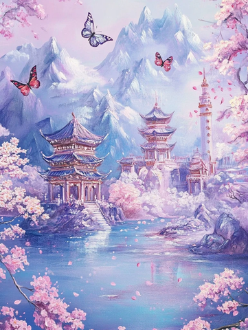 紫霞桃李山水画
