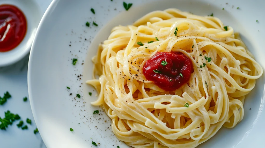 白盘俯拍番茄酱罗勒意大利面