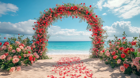 红粉花束婚礼拱门