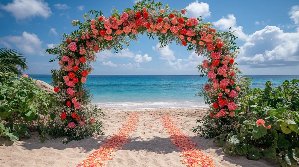 红粉花束婚礼拱门