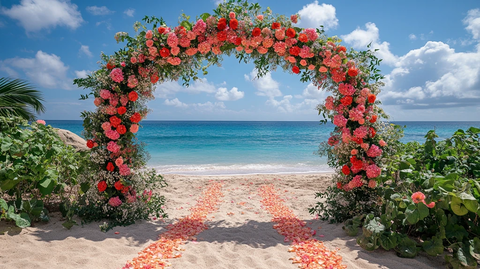 红粉花束婚礼拱门