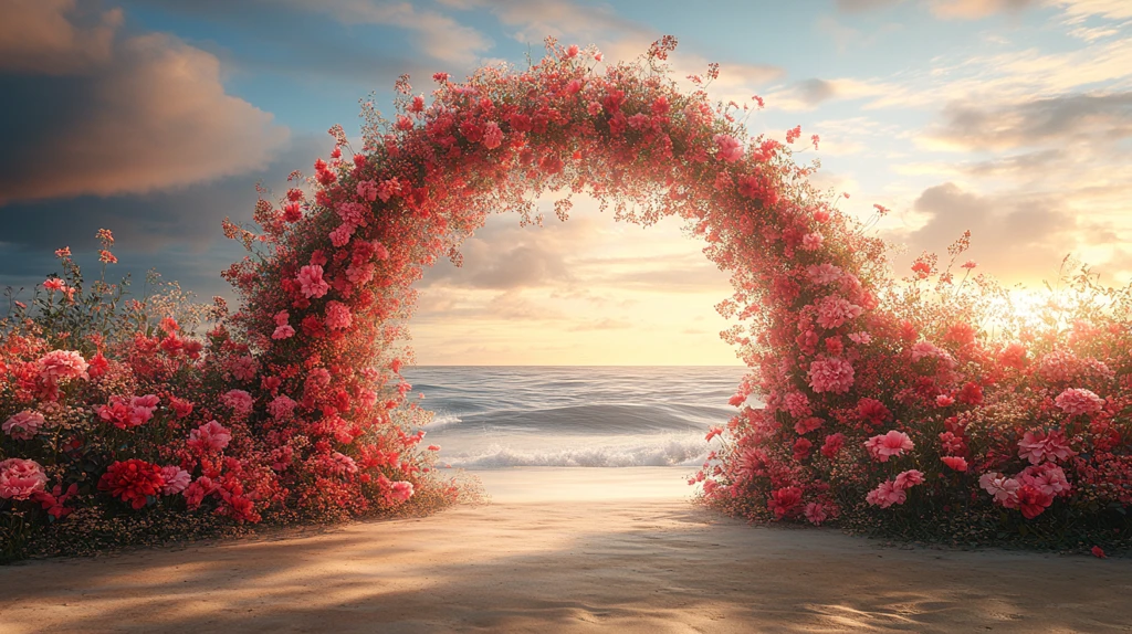 红粉花束婚礼拱门