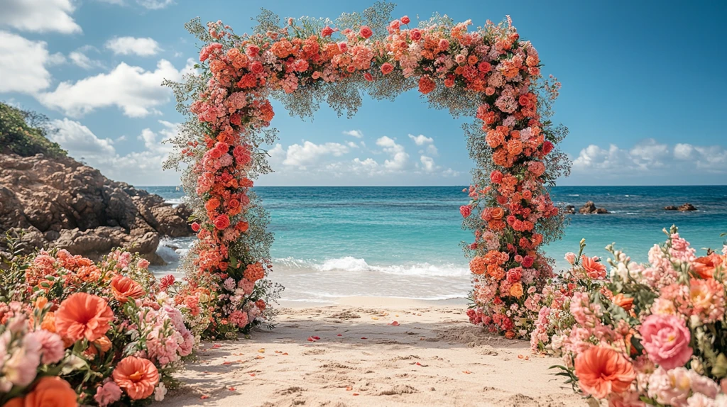 红粉花束婚礼拱门