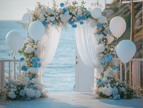 蓝白花海边婚礼