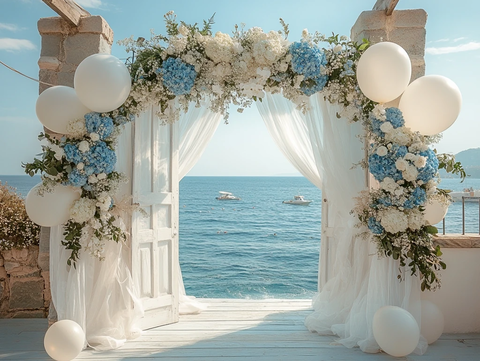 蓝白花海边婚礼
