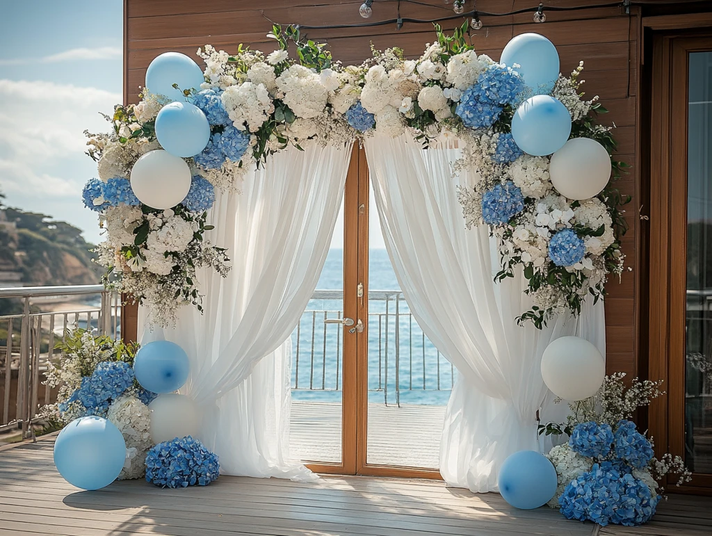 蓝白花海边婚礼