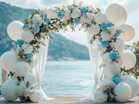 蓝白花海边婚礼