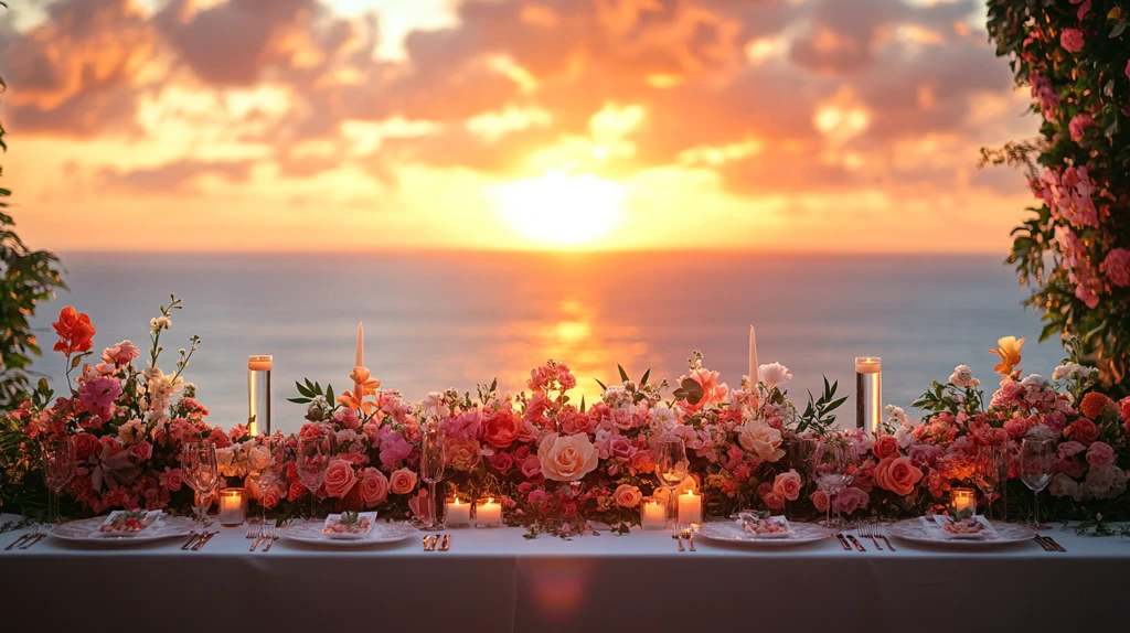 新婚夫妇餐桌夕阳花