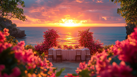 新婚夫妇餐桌夕阳花