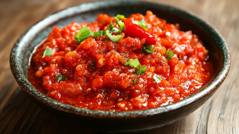 木底上放着一碟辣椒酱