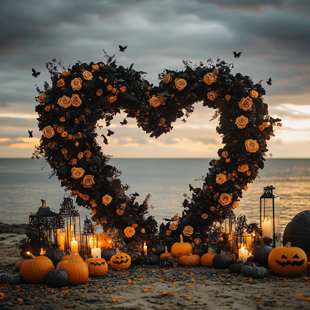 黑花心形拱门烛光海景