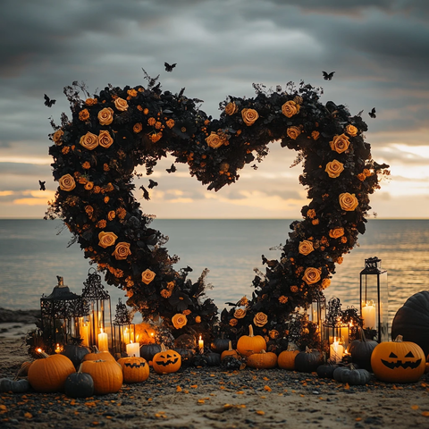 黑花心形拱门烛光海景