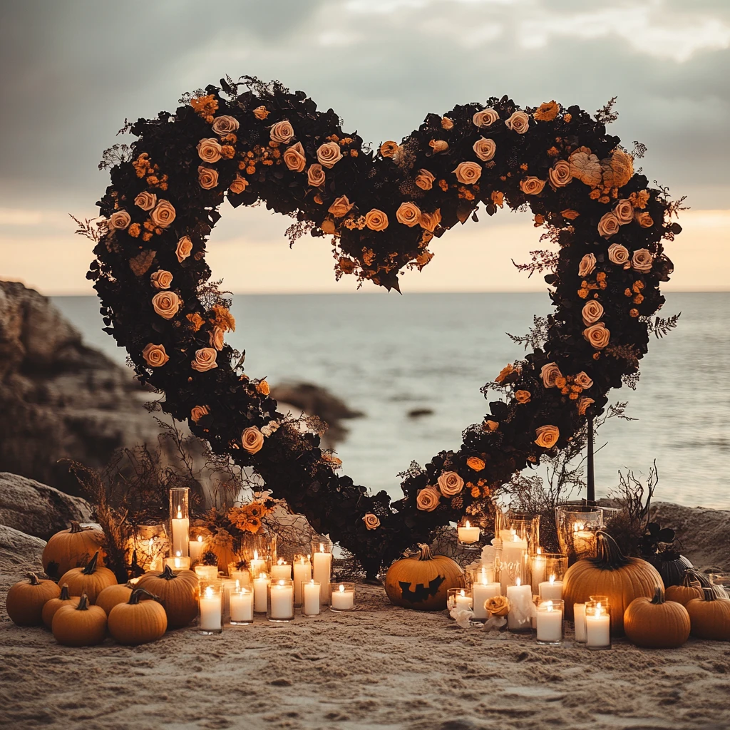 黑花心形拱门烛光海景