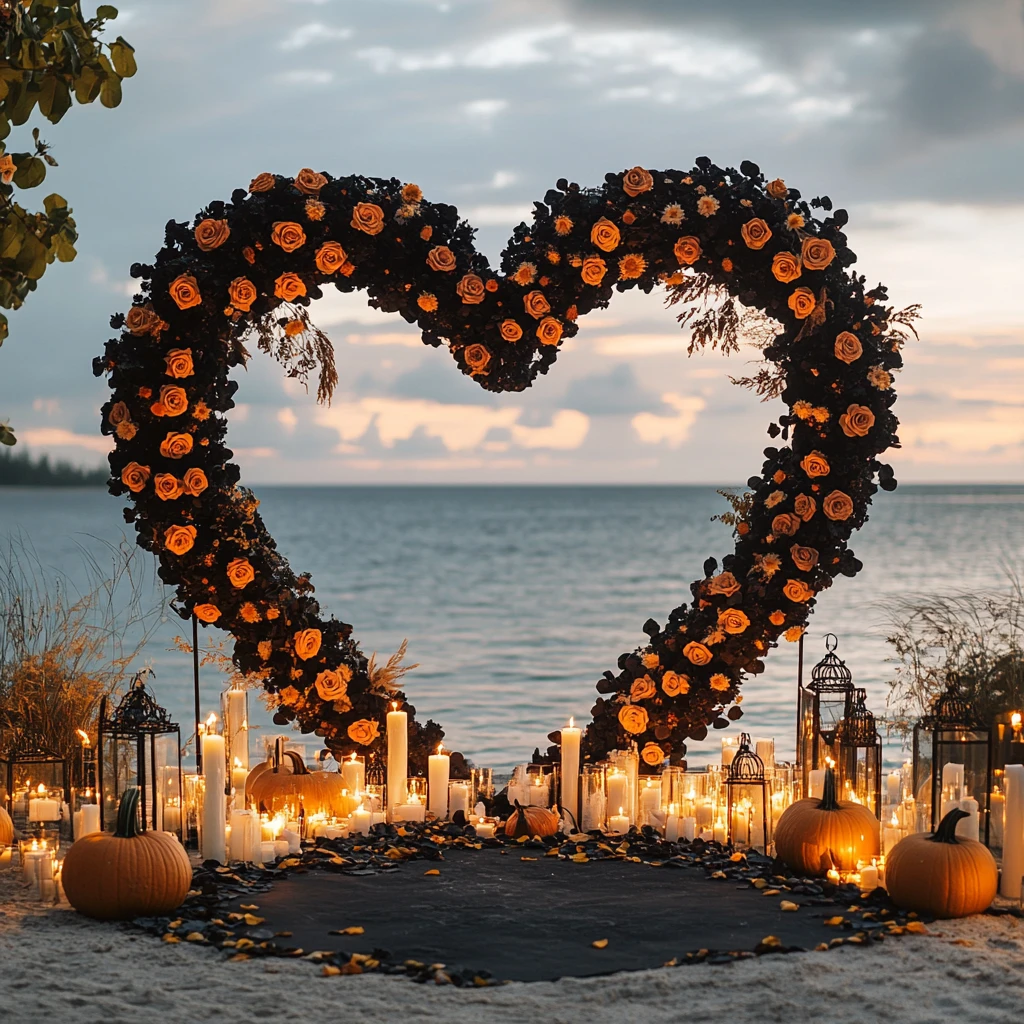 黑花心形拱门烛光海景