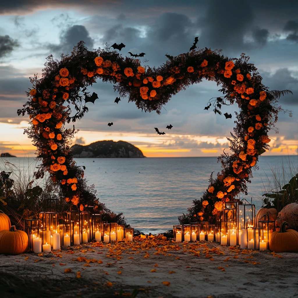 黑花心形拱门烛光海景