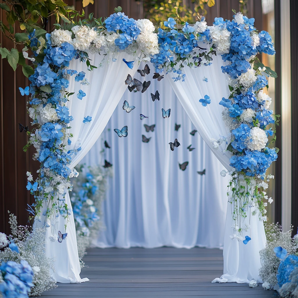 蓝白花艺婚礼布置