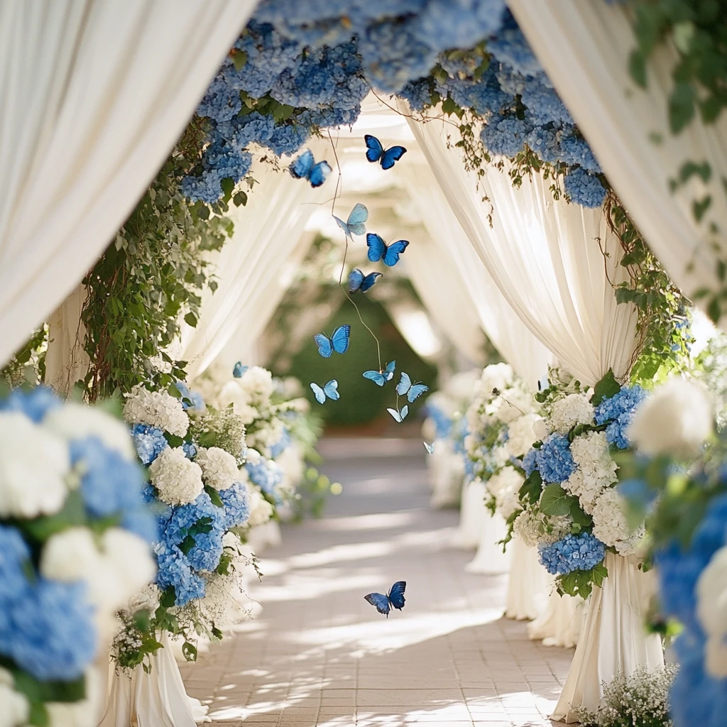 蓝白花艺婚礼布置