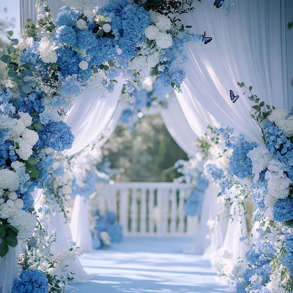 蓝白花艺婚礼布置