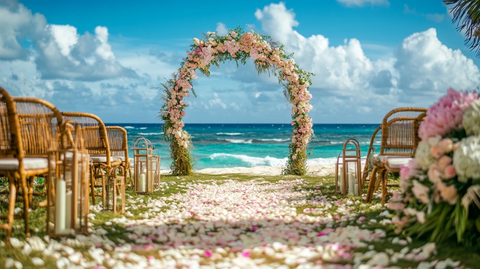 粉色花拱门婚礼布置