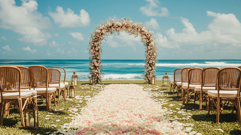 粉色花拱门婚礼布置