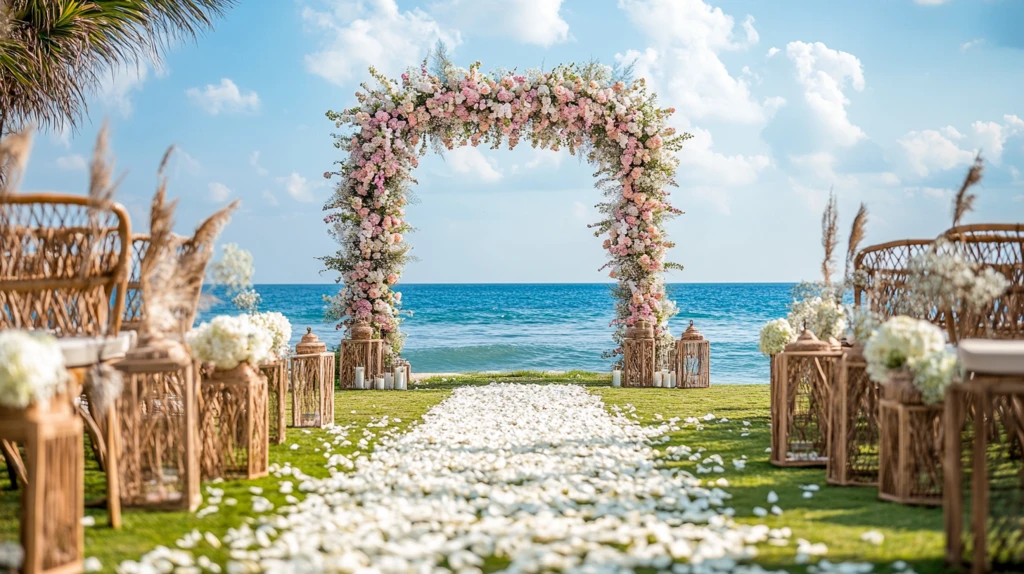 粉色花拱门婚礼布置