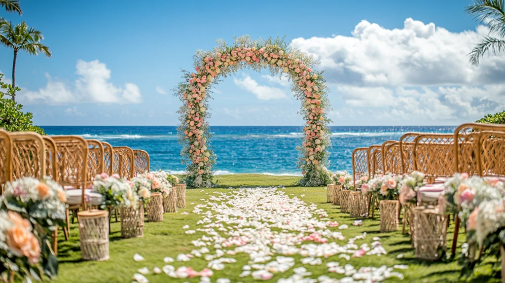 粉色花拱门婚礼布置