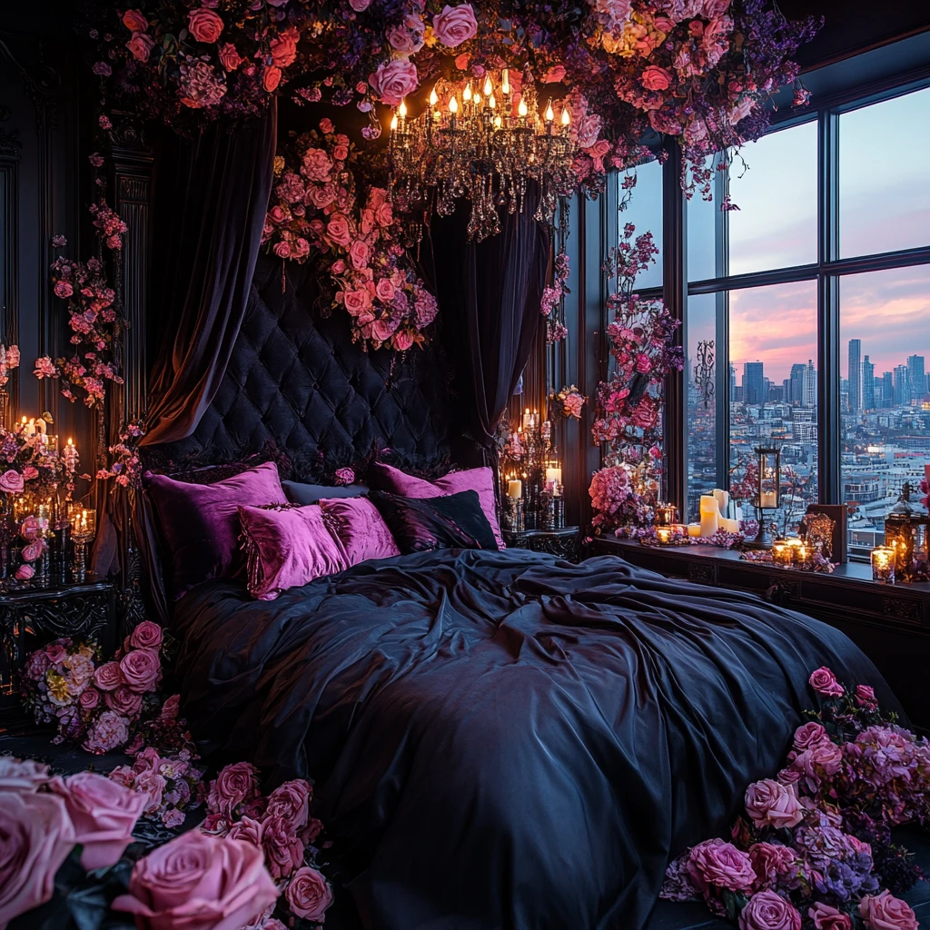 黑色床单粉色枕头