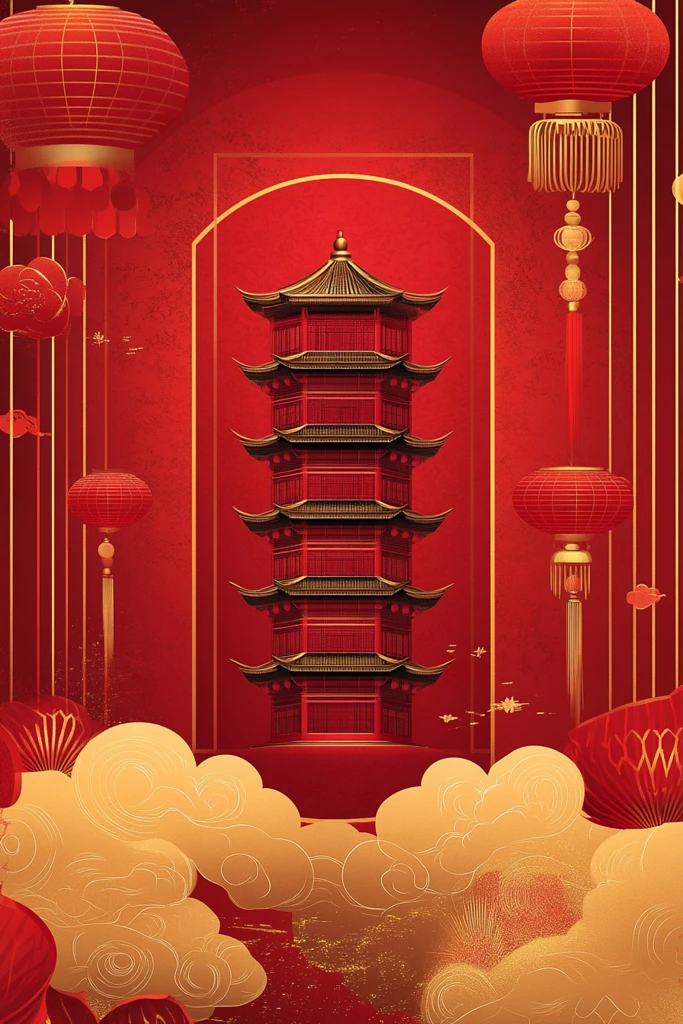 金边红底祥云贺年图