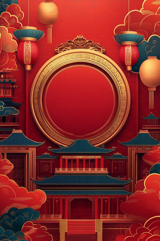 金边红底祥云贺年图