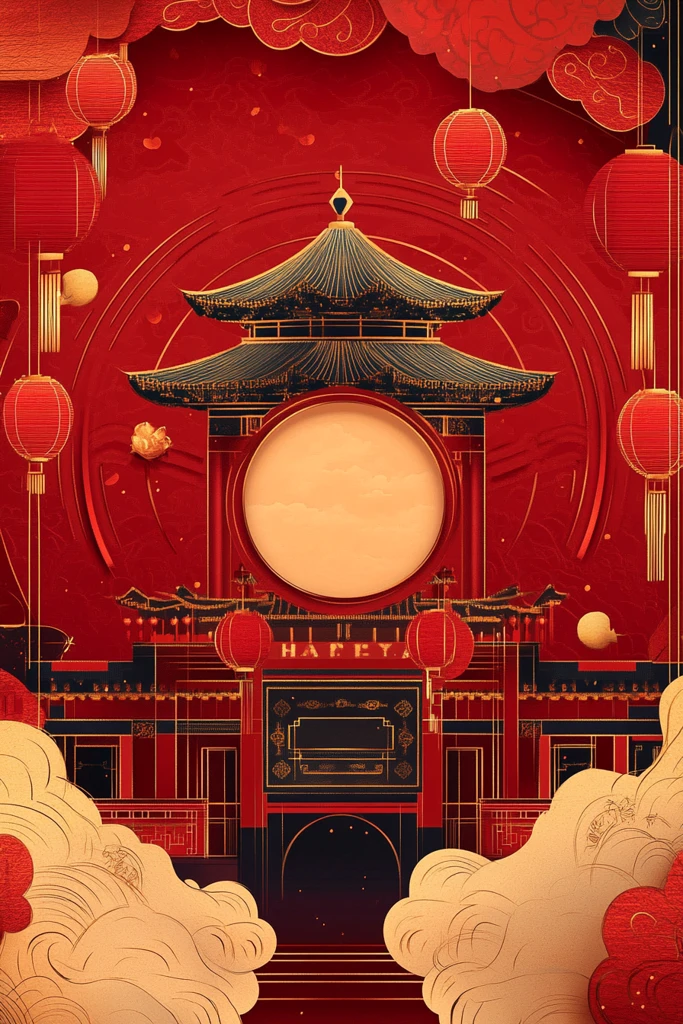 金边红底祥云贺年图