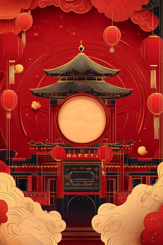 金边红底祥云贺年图