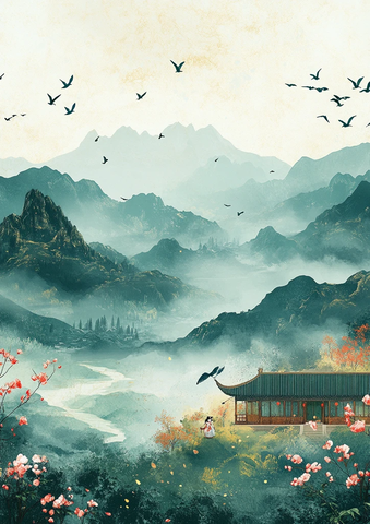 雨季飞燕远山图