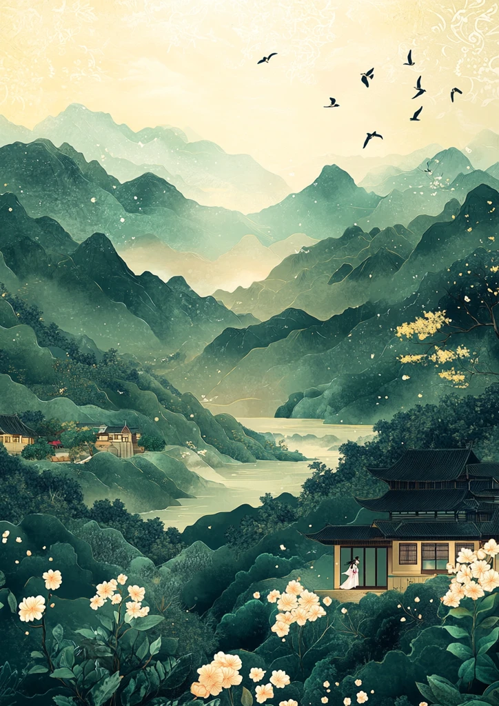 雨季飞燕远山图