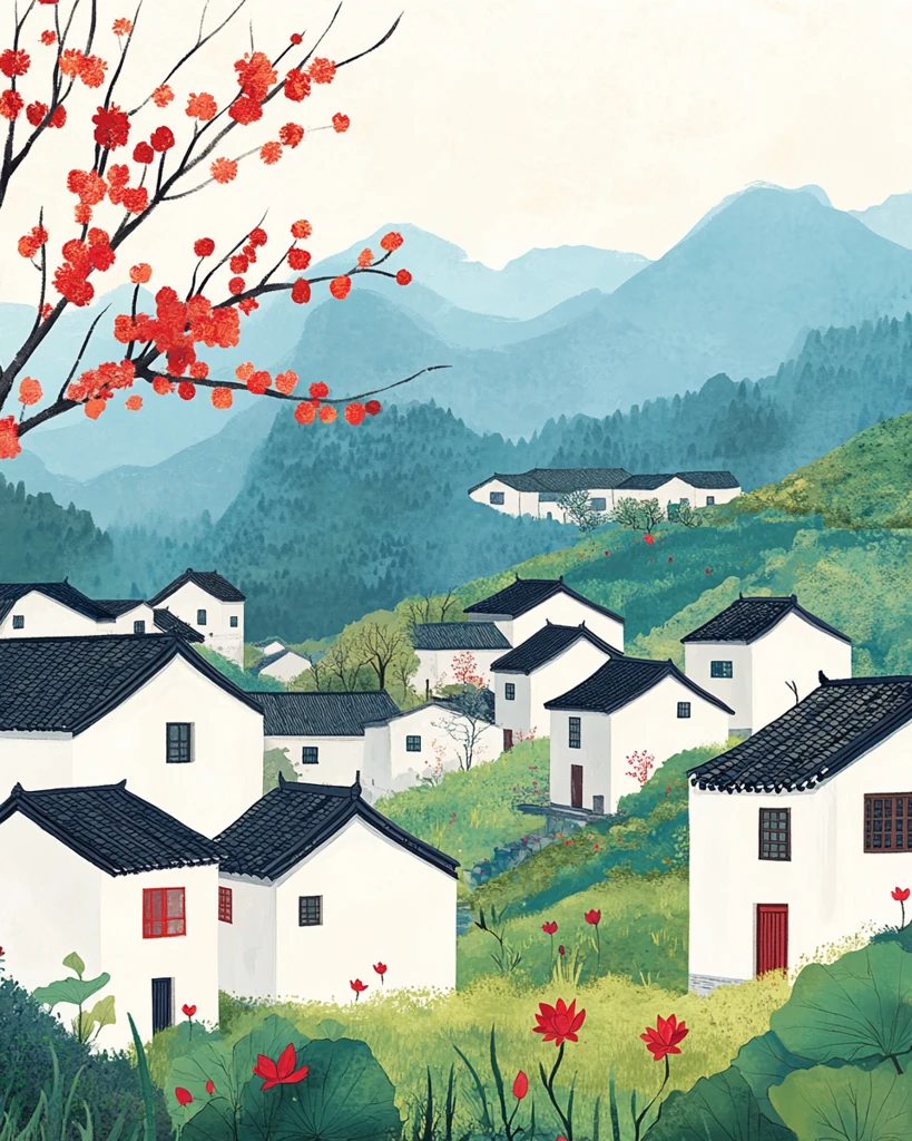 白墙黑瓦水乡图