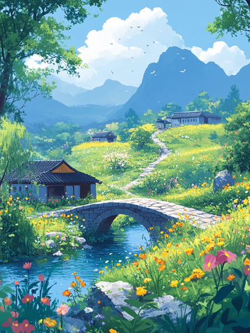 春日乡村石桥流水