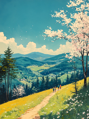 家庭登山春日风景