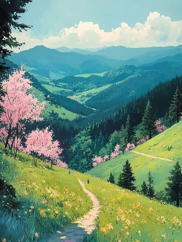 家庭登山春日风景