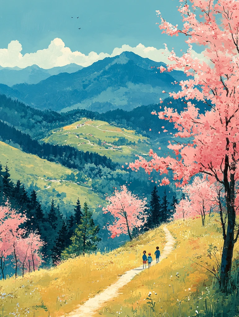 家庭登山春日风景