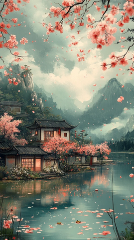 桃花蛙鸣农舍景