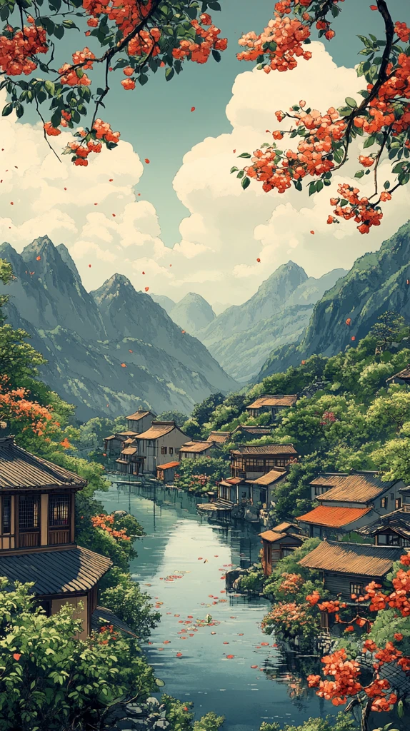 桃花蛙鸣农舍景