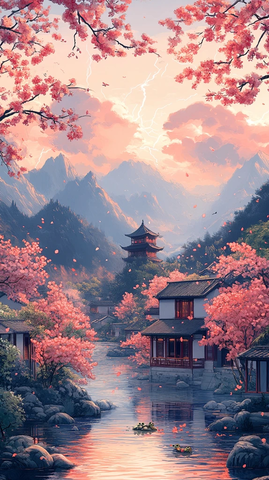 桃花蛙鸣农舍景