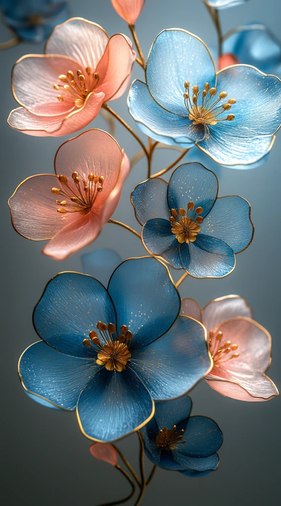 蓝粉绿金色花朵